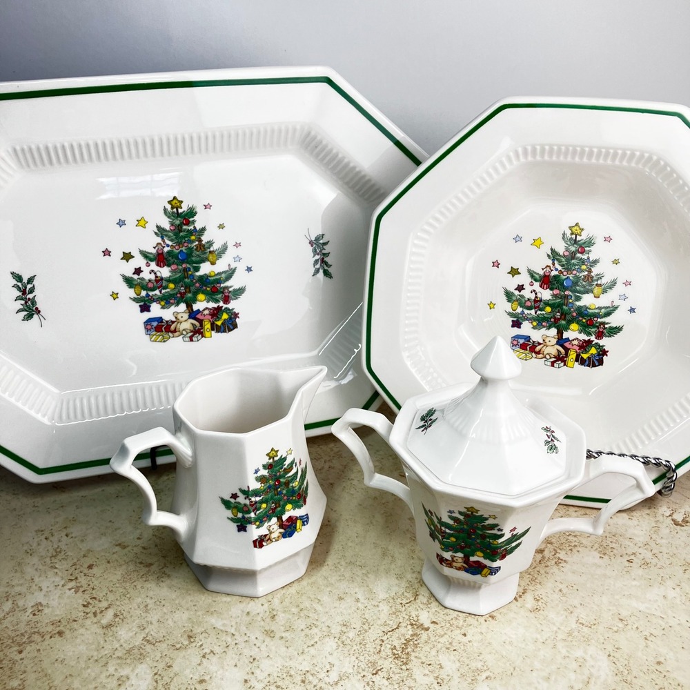 Nikko Serving Set Christmastime 4pc White Green Vintage Holiday Tree